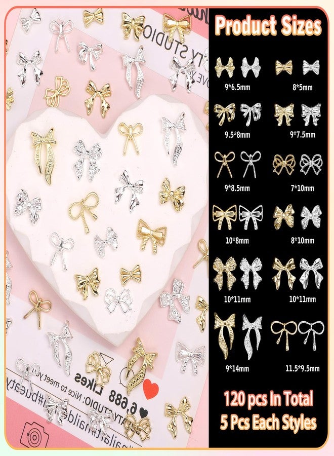 CESUSME 120 Pcs Gold Silver Bow Nail Charms, Alloy Bowknots Nail Charm, Metal Silver Gold Bow Nail Gems and Charms for Nail Art DIY Craft Accessories - Image 3